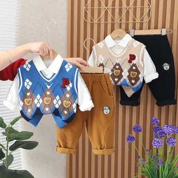 2023 korejski Pomlad Otrok, Fant 3PCS Oblačila, ki Catoon Nosi Pulover Telovnik Bombaž Majica Velvet Obleko Hlače za Malčke Baby Boy Obleko