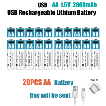 Visoka zmogljivost 1,5 V AA 2600 mWh USB polnilna litij-ionska baterija za daljinski nadzor miške, majhen ventilator Električne igrače Kabel za baterije