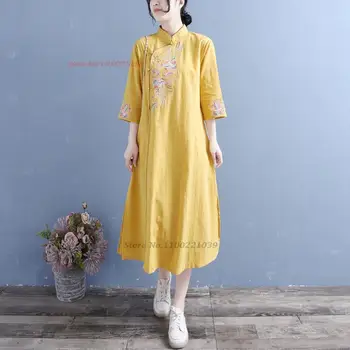 2023 tradicionalni kitajski bombaž perilo qipao letnik cvet vezenje obleko cheongsam elegantno folk dance obleko orientalski qipao