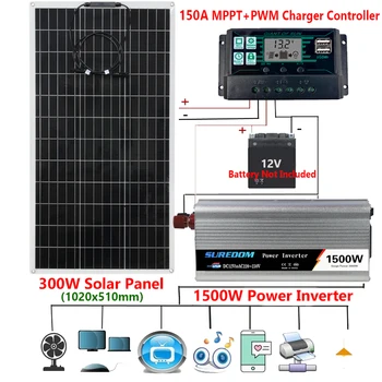 1500W Solarni Sistem Napajanja 12V na 220V Avto Inverter 300W Sončne celice, Baterije, Polnilnika 150A Krmilnik za Dom Prostem Kampiranje dostavna Vozila