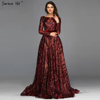 Muslimanski Vino Rdeča A-Line, Luxury Večerne Obleke 2023 Letnik Dolg Rokav Sequined Večerne Plus Velikost LA60799