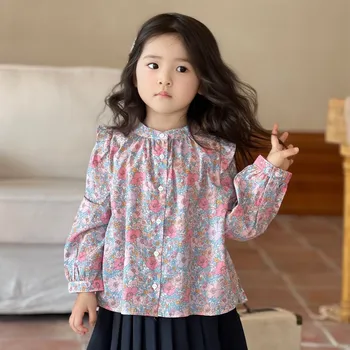 Jeseni otroci dekliška oblačila francoskem slogu dolg rokav vrhovi dekleta majice bombaž Visoke kakovosti cvetlični vzorec tiskanje Bluzo