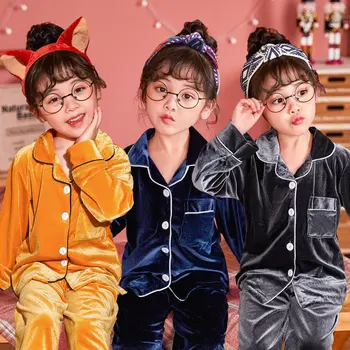 Pozimi Velur Pižamo Kompleti za Otroke Jeseni Dolg Rokav Turn-dol Colloar Toplo Sleepwear Otroci Homewear Fantje Dekleta Pyjama Obleko