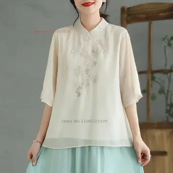 2023 tradicionalni kitajski qipao bluzo nacionalni cvet vezenje dvojne plasti bluzo orientalski tang bo ustrezala kitajski etnični bluzo