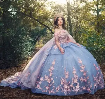 Modro nebo, Čipke princesa Quinceanera Obleke S Skp Cvetlični Beading Charro Mehiški Vestidos De 15 Anos Sweet 16 Pageant Obleko