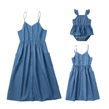 2023 Poletne Počitnice Obrabe za Družino, Mama, Hči Ujemanje Obleko Denim Blue Gumb Špageti Trak Obleke Plažo Otroške igralne obleke