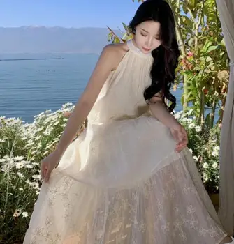Korejski Moda Vezenino brez Rokavov Povodcem Dolgo Obleko Resort francoske Pravljice Elegancija Obleke za Ženske Poletje Plaža Obleko Boho