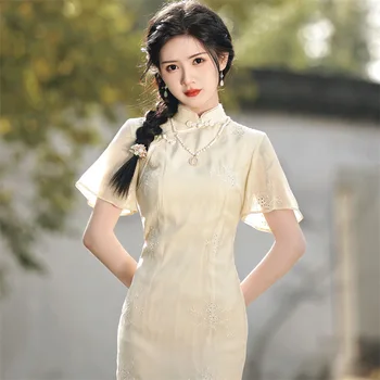 Kitajska Tradicionalna Oblačila Poletje Dolgo Obleko Vezenje, Tiskanje Udobno Sveže Mlado Dekle Svetlo Rumena Cheongsam Elegantno