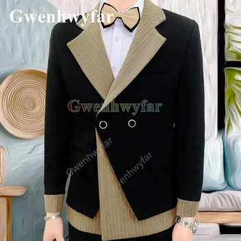 Gwenhwyfar Britanski Stil Poslovnih Črn Blazer Hombre Eleganten Moški Jopič Prugasta Šivanje Suknjič Nočni Klub Stranka Moški Trend
