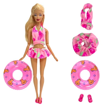 Modni Roza Kopalke Beach Party Nositi Bikini Vrhovi, Hlače, Kopalke + Srčkan Plavati Obroč +Čevlji, Oblačila za Barbie Lutka Dodatki