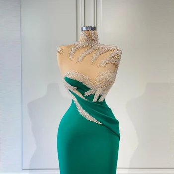 Elegantno Zelenimi Kristali Prom Obleke Visoko Vratu Glejte Skozi Tla Dolžina Dolgo Večer Jutranje Halje Arabski Pageant Obleke