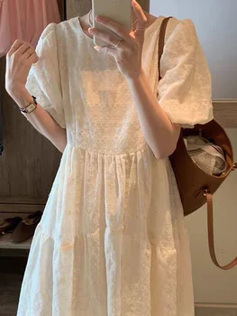 Korejski Mode Off-bela Obleka Ženske Poletje Vezene Midi Obleka Ženska Elegantna Letnik Svoboden Priložnostne Puff Rokav Stranka Obleko