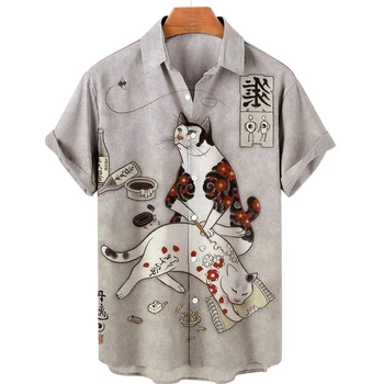2023 Poletje, Mens Japonski Slog Bushido Mačka Živali 3d Tiskanje Majic Unisex Hawaiian Shirt Majica T-shirt Top Majice Pet Oblačila