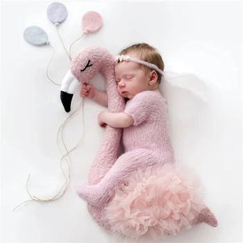Novorojenček Dojenček Fotografija Rekviziti Cvetlični Ozadje Srčkan Pink Flamingo, Ki Predstavljajo Obleke Set Pribor Studio Fotografijo Prop