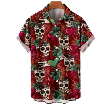 Hawaiian Beach Srajce Moške Lobanja, Tiskanje Kratek Rokav Vrhovi Bluzo Mens Oblačila Visoke Kakovosti Gumb Majica