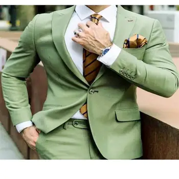 2 kosa Green Poroka Obleke po Meri Narejene Tuxedos Mešanica Bombaža Fit Stranka Formalno Podjetja Za Najboljši Človek Obleke Dosegla vrhunec River Jopič