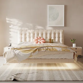 Začasno postelja iz masivnega lesa bukovega lesa, okvir francoskem slogu krema slog usnje umetnosti posteljo Sodobno minimalistično usnje postelja