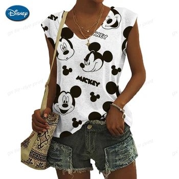 Ženske ' s Plus Velikost vrhovi tank 2023 Nove Disney Minnie Mickey Print brezrokavnik Seksi Proti-vrat brez rokavov T-shirt Priložnostne Ohlapen Pulover Vrhovi