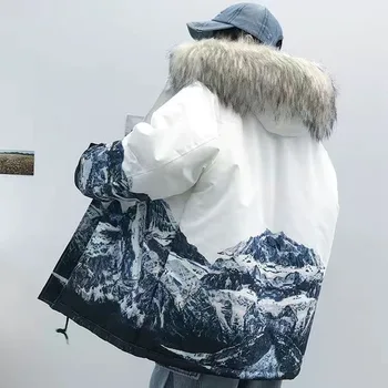 M-5XL Plus Velikost Moške Zimske Napihovalka Suknjič Zgostitev Zimski Plašč Toplo Outwear z Removerable Krzno Kapuco Gorskih Natisnjeni Plašč Moški