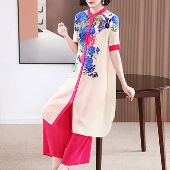 Miyake Naguban ženska Oblačila 40-Year-Old 50 Plemenito Retro Priložnostne Obleko, Ženska Moda Mama Poletje Obrabe, plus Velikost Obleko, dvodelno,