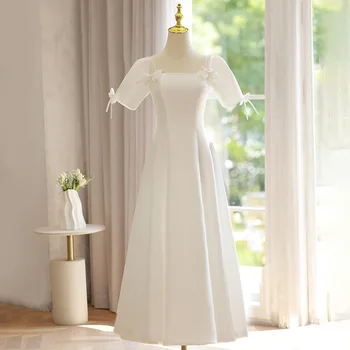 Preproste Ženske Večerne Obleke Nove Saten Off White Posla Dress Vintage Kvadratnih Ovratnik Puff Rokavi Haljo De Soiree Vedno Precej