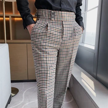 Britanski Stil Moških Visoko Pasu Poslovno Obleko Hlače Modni Houndstooth Urad Socialne Obleko Hlače Poroko Ženina Priložnostne Hlače Moški